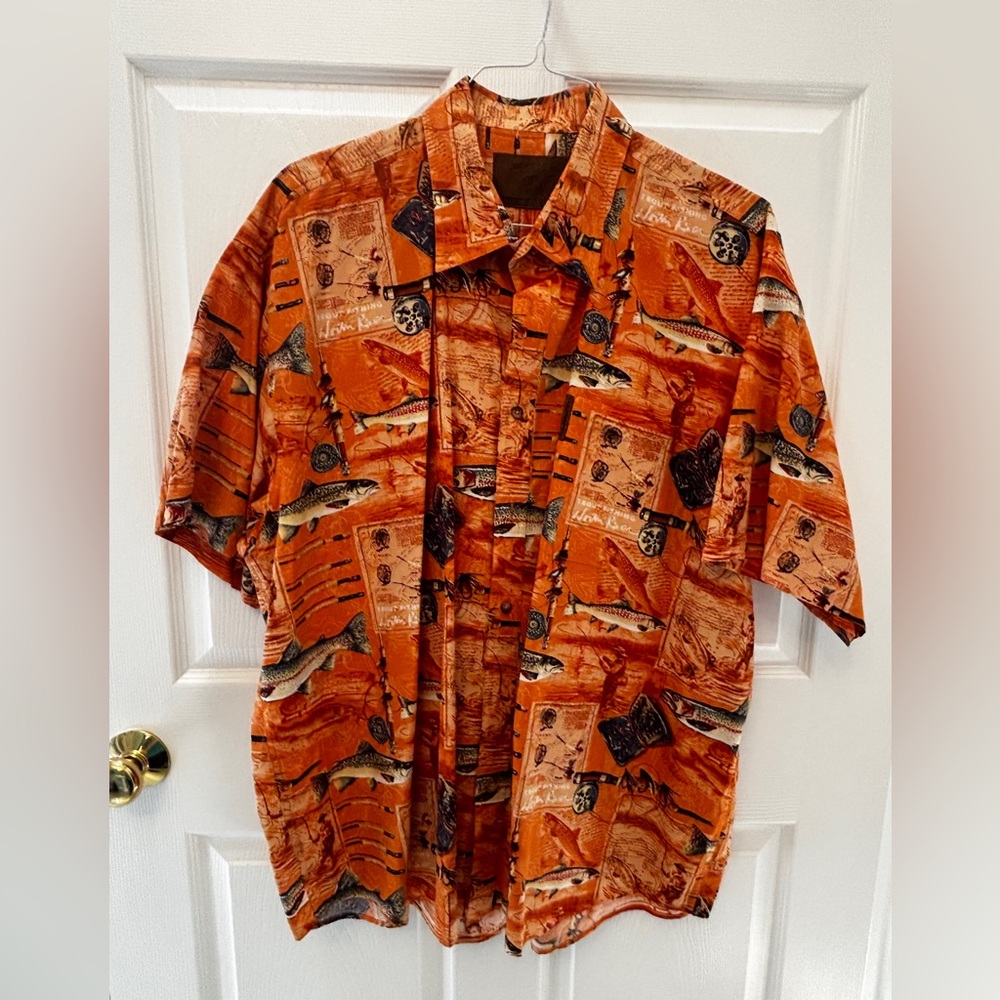 Clearwater Outfitters Orange Fishing Patterned Men's Shirt - Size 2XL
